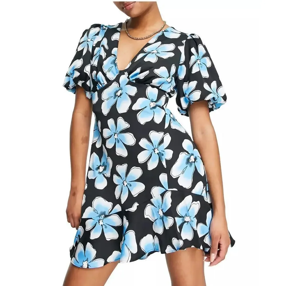 Topshop Dress Floral Print Puff Sleeve Cutout Back Mini Black Blue 10 Petite